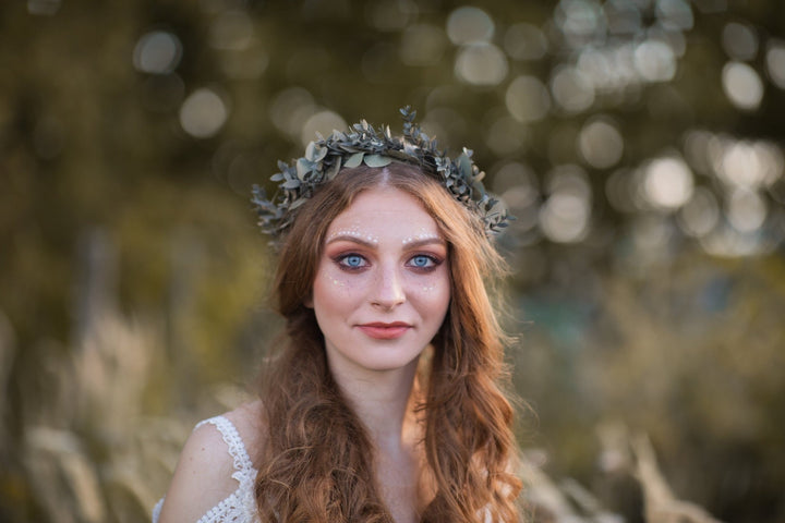 Eucalyptus Bridal Crown: Preserved Greenery Wedding Hair Wreath – handmade floral hair accessory by magaela