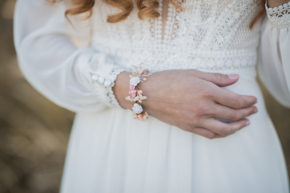 Pink Flower Wedding Bracelet and Ring Set: Bridal Corsage Jewelry – handmade floral hair accessory by magaela