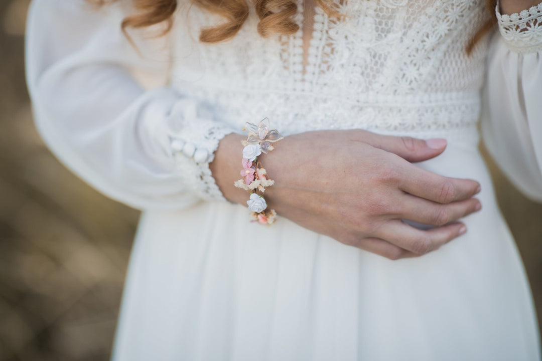 Pink Flower Wedding Bracelet and Ring Set: Bridal Corsage Jewelry – handmade floral hair accessory by magaela