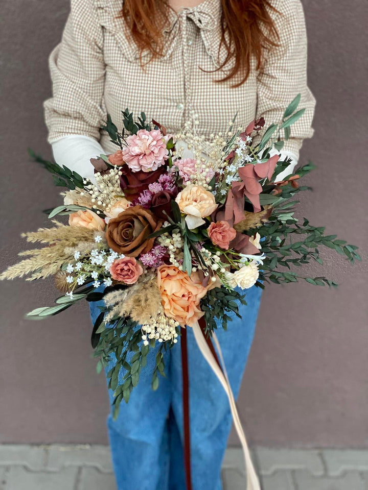 Rustic Boho Wedding Bouquet: Autumn Burgundy, Olive Leaves – handmade floral hair accessory by magaela