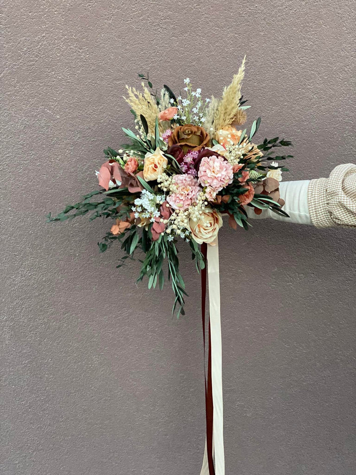 Rustic Boho Wedding Bouquet: Autumn Burgundy, Olive Leaves – handmade floral hair accessory by magaela