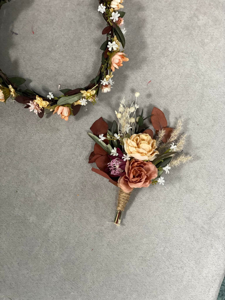 Rustic Boho Wedding Bouquet: Autumn Burgundy, Olive Leaves – handmade floral hair accessory by magaela