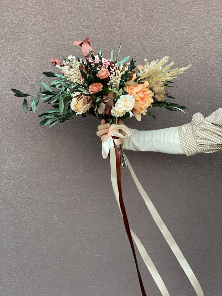 Rustic Boho Wedding Bouquet: Autumn Burgundy, Olive Leaves – handmade floral hair accessory by magaela