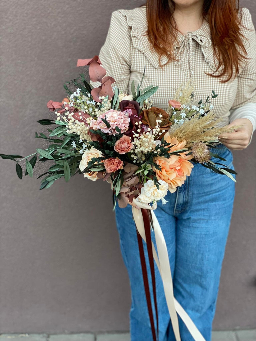 Rustic Boho Wedding Bouquet: Autumn Burgundy, Olive Leaves – handmade floral hair accessory by magaela