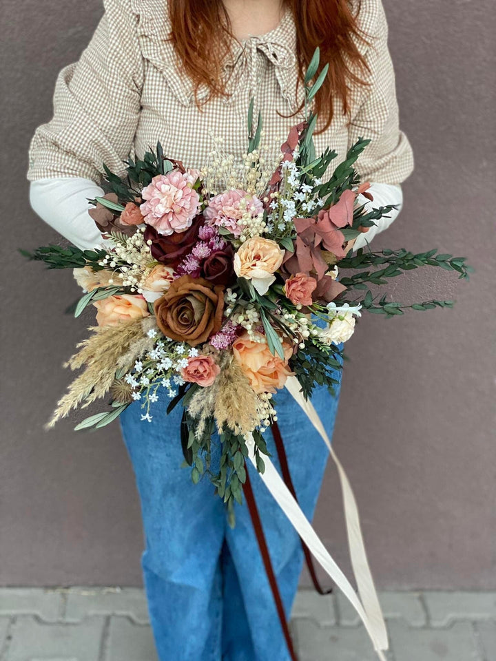Rustic Boho Wedding Bouquet: Autumn Burgundy, Olive Leaves – handmade floral hair accessory by magaela