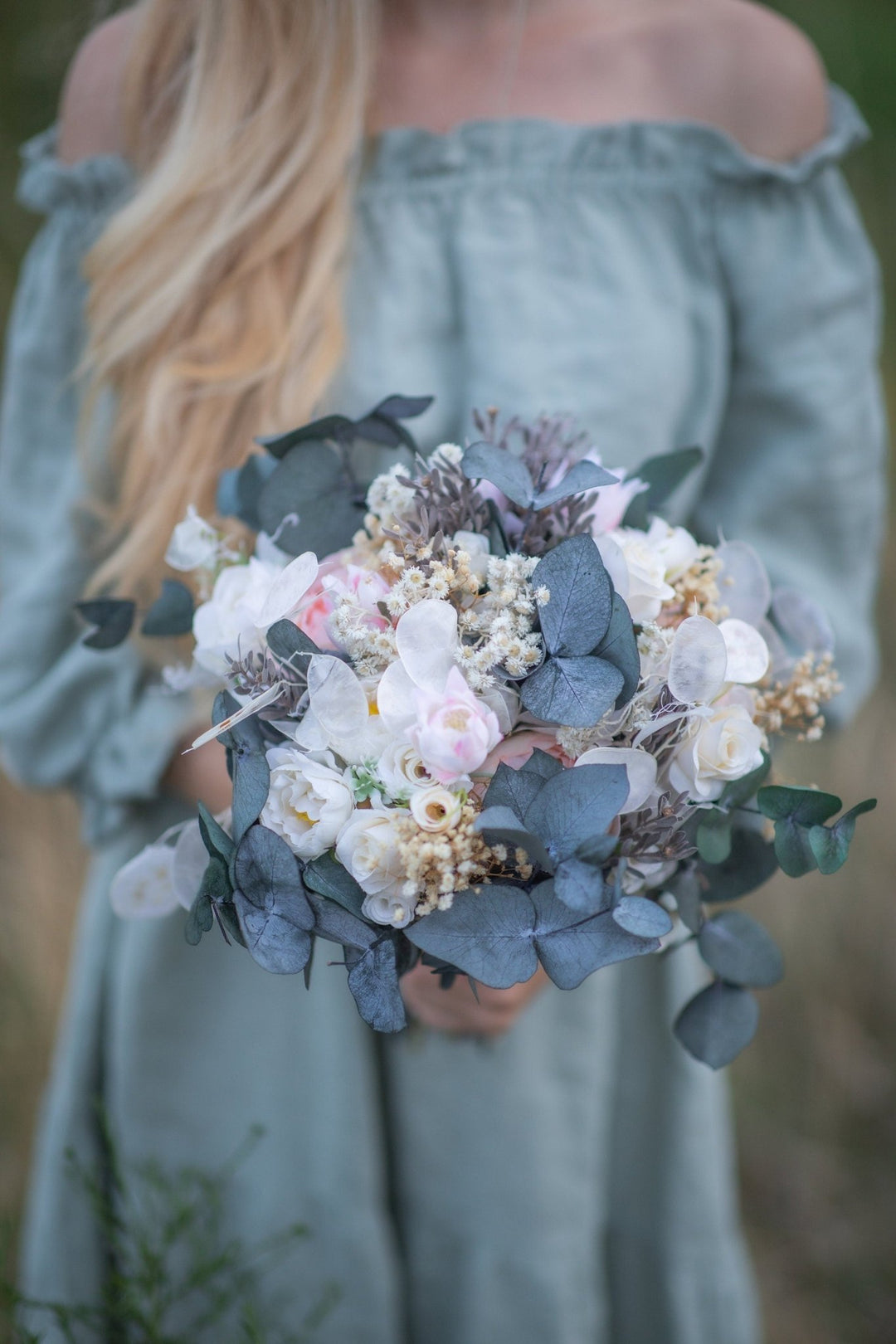 Pastel Bridal Bouquet: Blush Peach Ivory Eucalyptus Wedding Flowers – handmade floral hair accessory by magaela