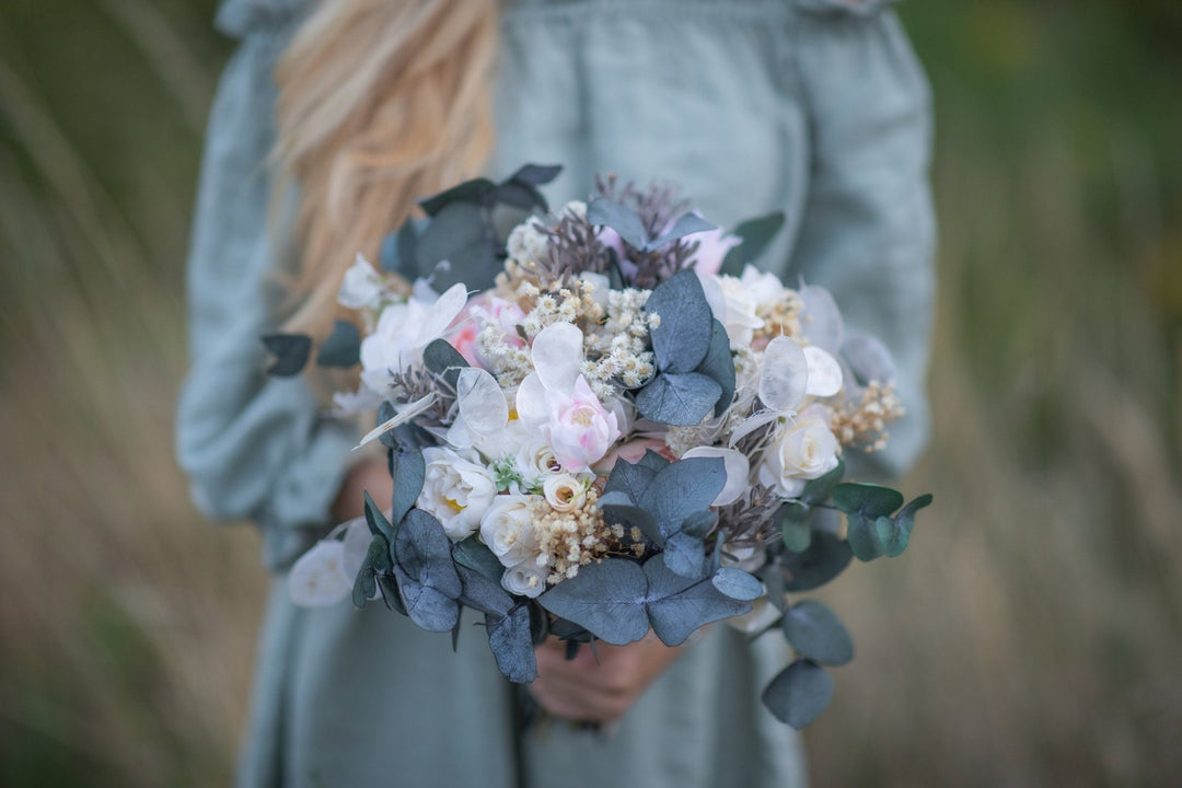 Pastel Bridal Bouquet: Blush Peach Ivory Eucalyptus Wedding Flowers – handmade floral hair accessory by magaela