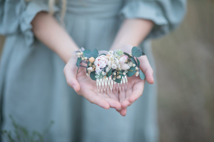 Eucalyptus Peony Wedding Hair Comb: Pastel Floral Hair Jewellery – handmade floral hair accessory by magaela