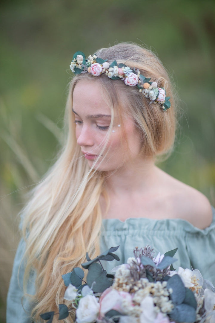 Eucalyptus Peony Half Wreath: Pastel Wedding Crown, Bridal Accessory – handmade floral hair accessory by magaela
