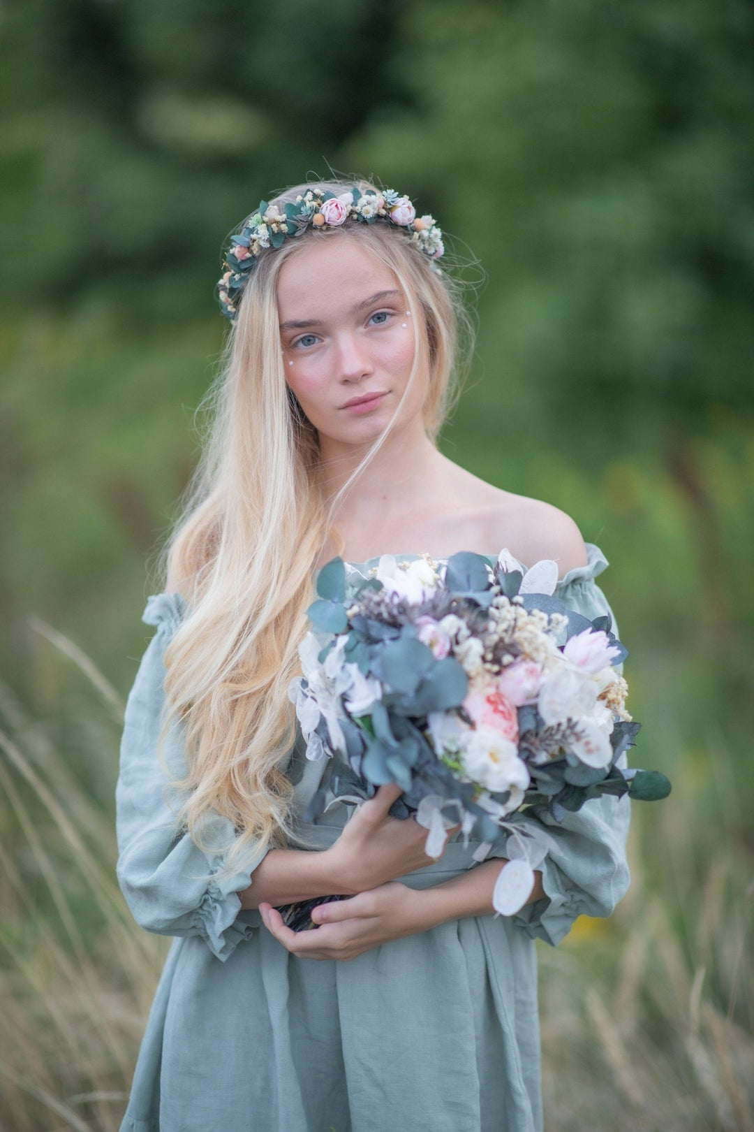 Eucalyptus Peony Half Wreath: Pastel Wedding Crown, Bridal Accessory – handmade floral hair accessory by magaela