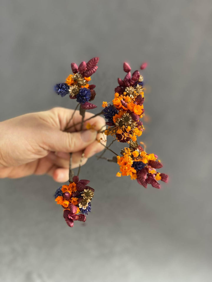 Autumn Flower Hair Pins: Burnt Orange & Navy Wedding Hair Flowers – handmade floral hair accessory by magaela