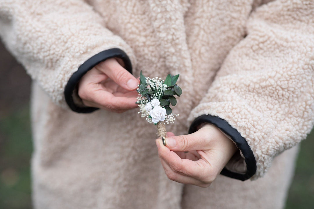 Green & White Boutonniere: Rose Wedding Buttonhole – handmade floral hair accessory by magaela