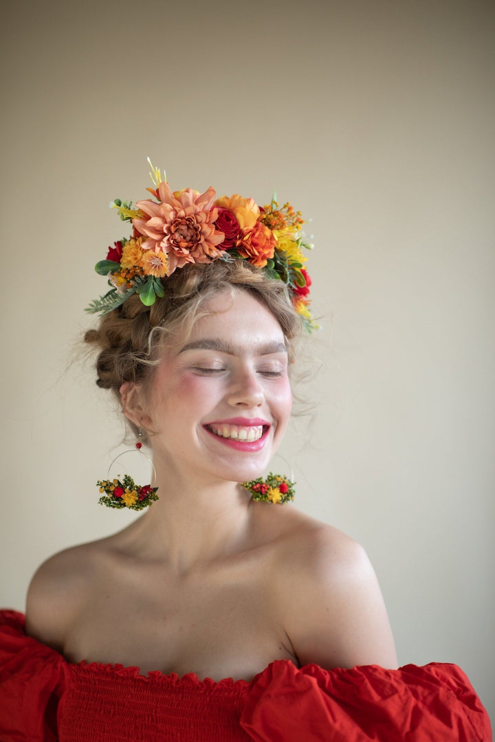 Sunset Dahlia Flower Crown: Frida Headband, Mexican Wedding Headpiece – handmade floral hair accessory by magaela