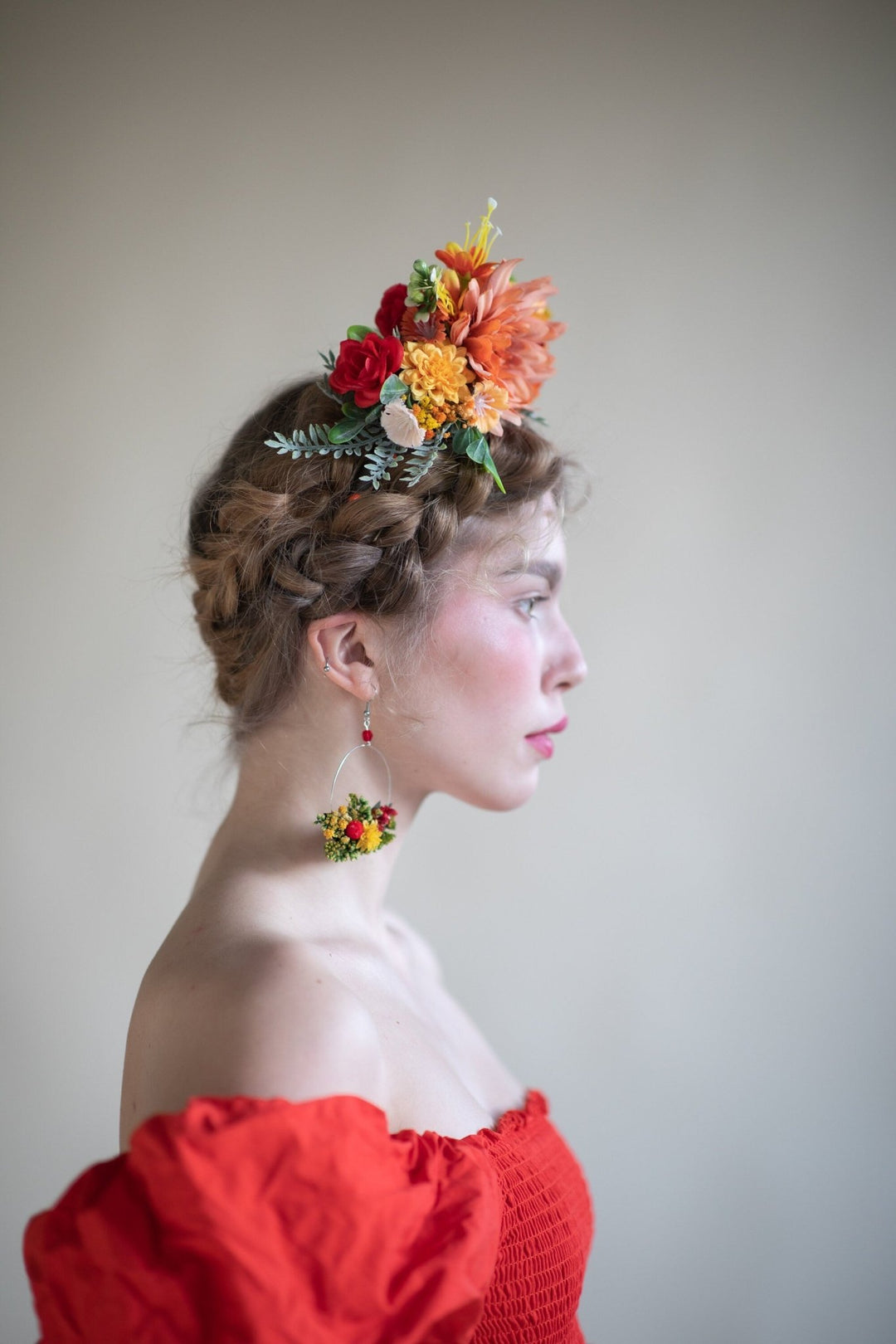 Sunset Dahlia Flower Crown: Frida Headband, Mexican Wedding Headpiece – handmade floral hair accessory by magaela