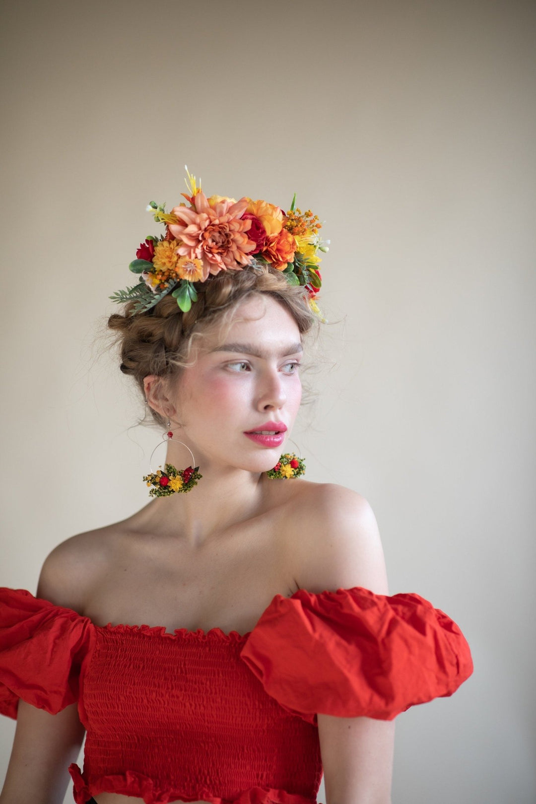 Sunset Dahlia Flower Crown: Frida Headband, Mexican Wedding Headpiece – handmade floral hair accessory by magaela