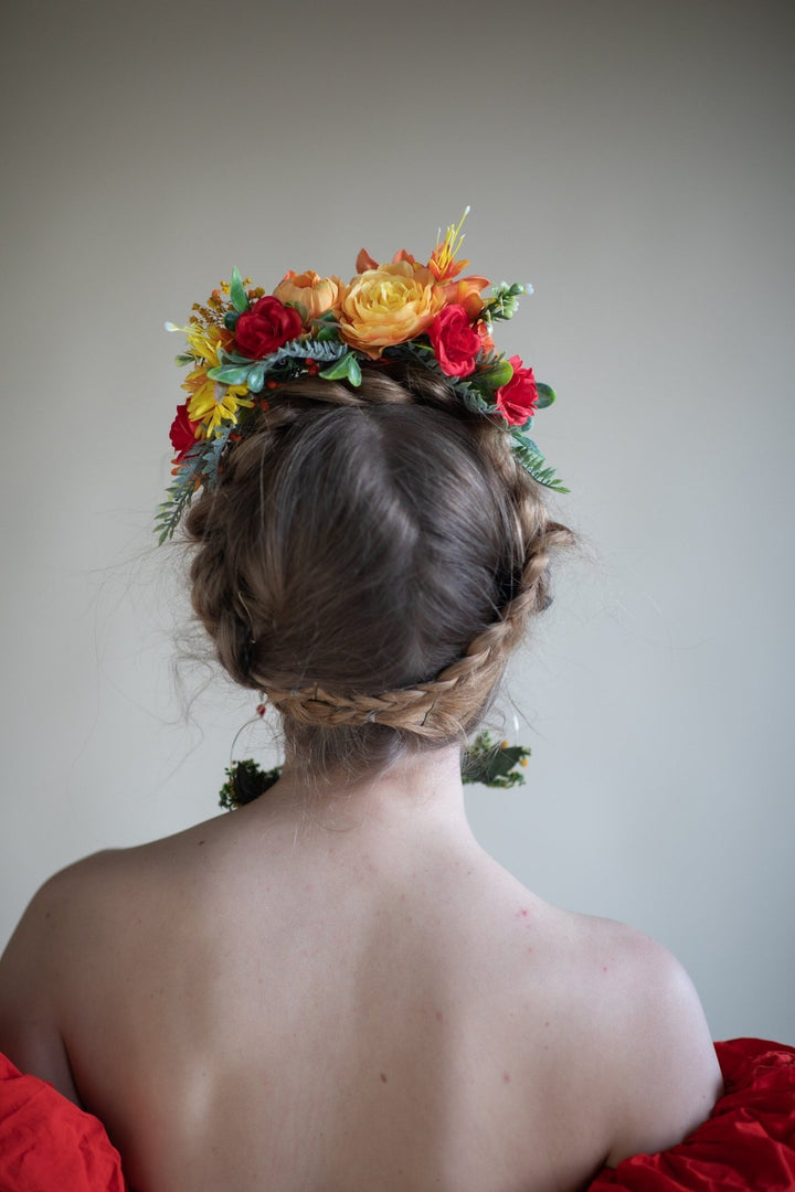 Sunset Dahlia Flower Crown: Frida Headband, Mexican Wedding Headpiece – handmade floral hair accessory by magaela