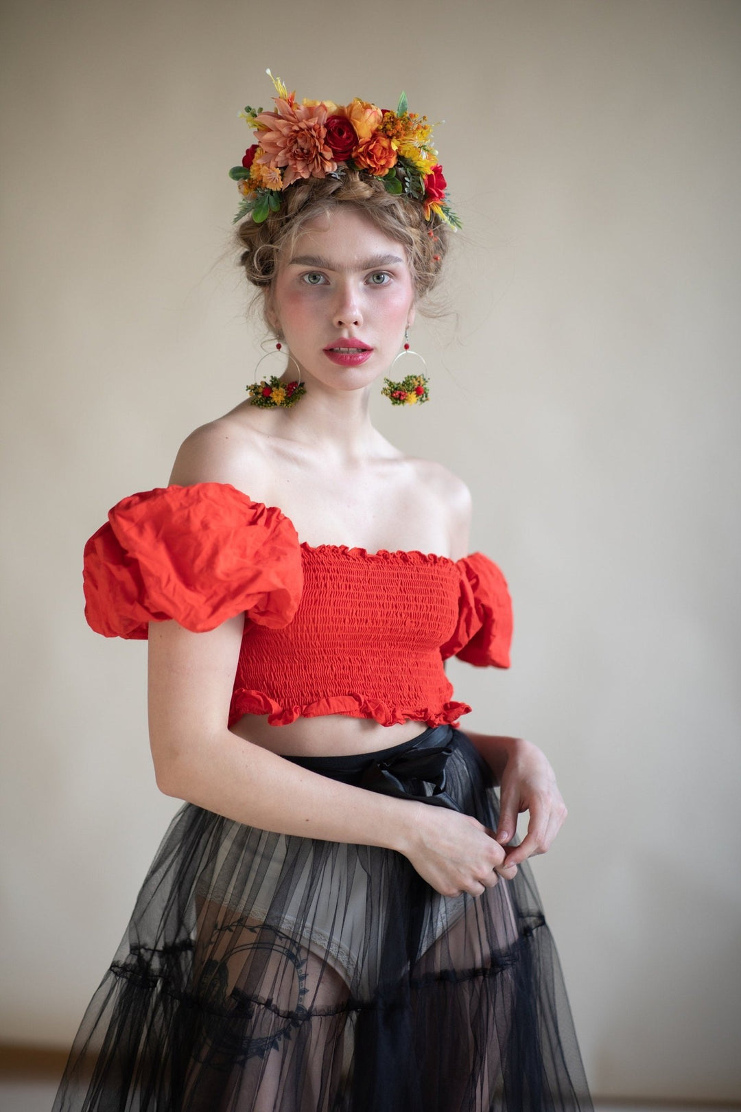 Sunset Dahlia Flower Crown: Frida Headband, Mexican Wedding Headpiece – handmade floral hair accessory by magaela