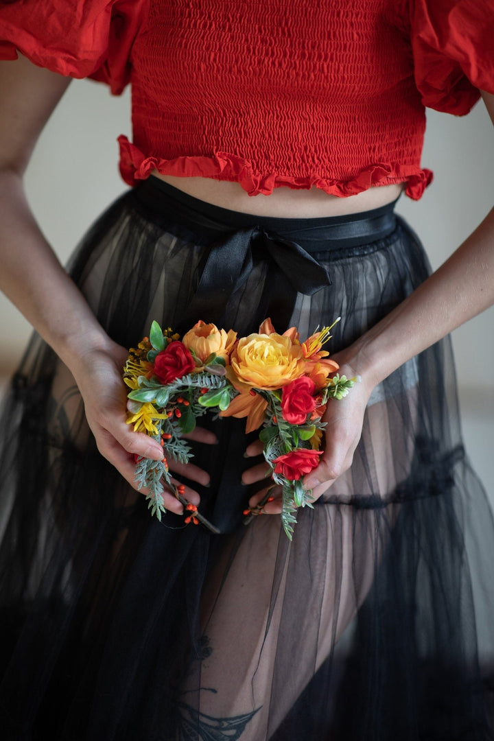 Sunset Dahlia Flower Crown: Frida Headband, Mexican Wedding Headpiece – handmade floral hair accessory by magaela