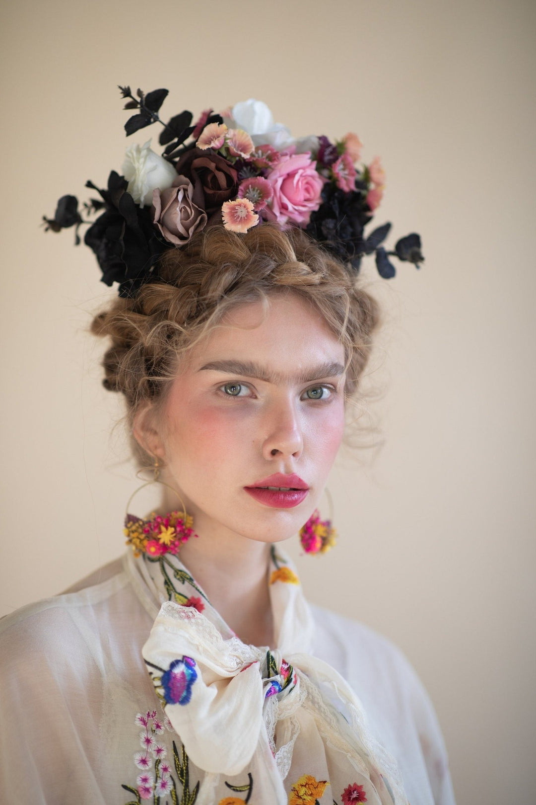 Frida Flower Crown: Black & Pink Rose Headband, Mexican Bridal Headpiece – handmade floral hair accessory by magaela