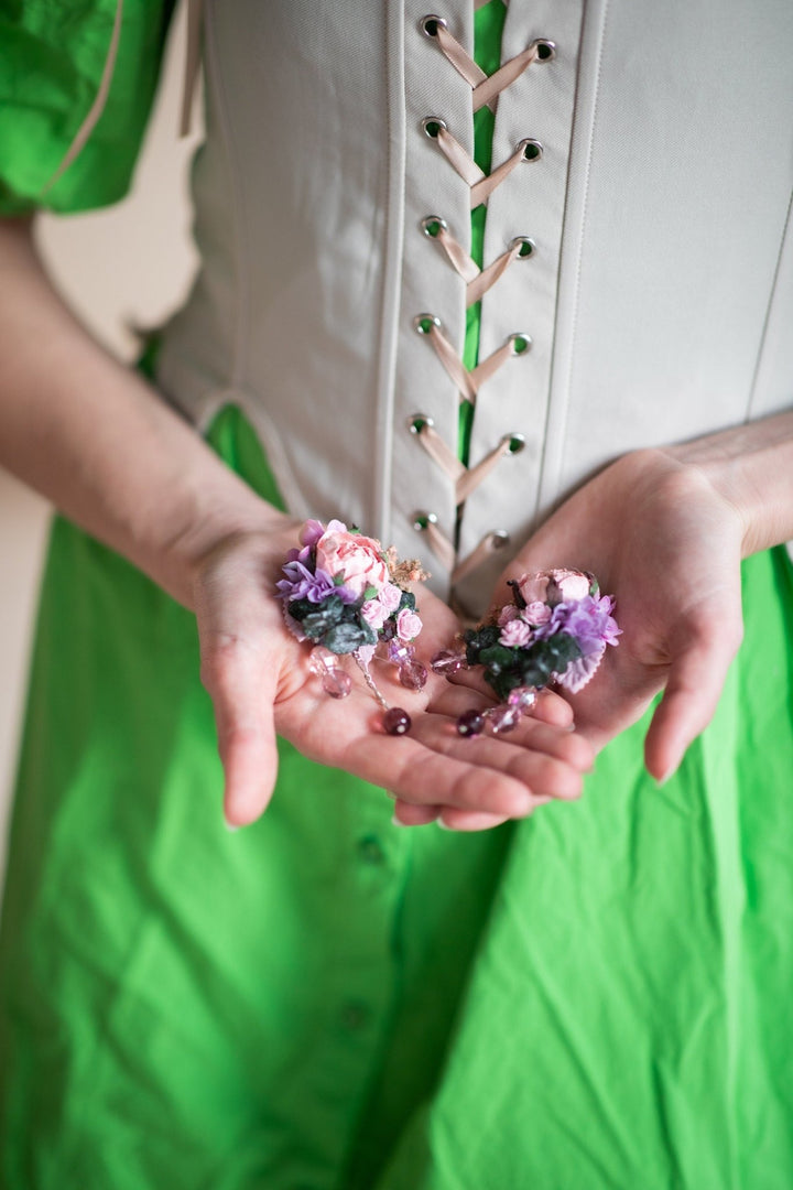 Romantic Flower Bridal Earrings: Pink & Purple Wedding Jewelry – handmade floral hair accessory by magaela