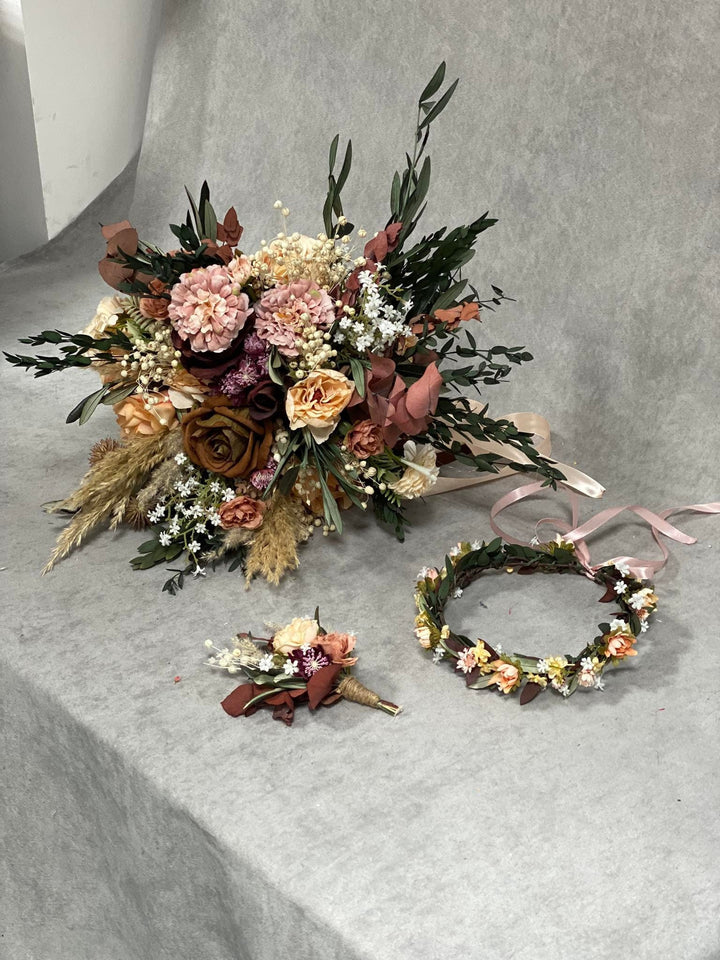 Rustic Boho Wedding Bouquet: Autumn Burgundy, Olive Leaves – handmade floral hair accessory by magaela