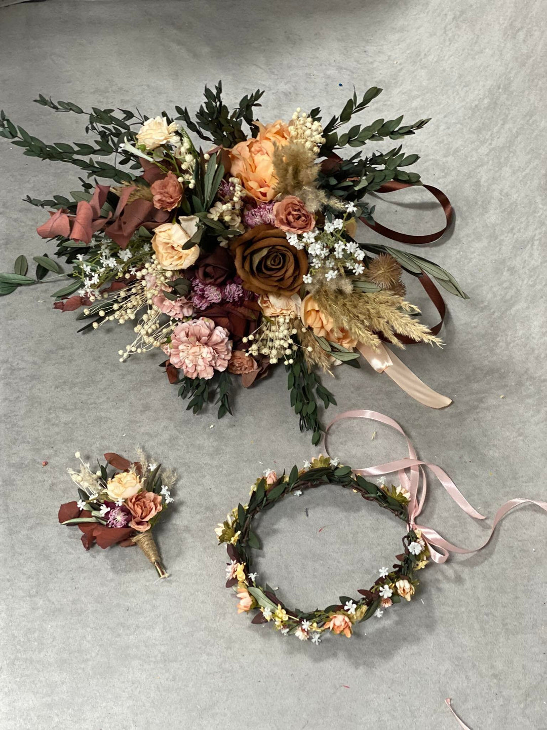 Rustic Boho Wedding Bouquet: Autumn Burgundy, Olive Leaves – handmade floral hair accessory by magaela