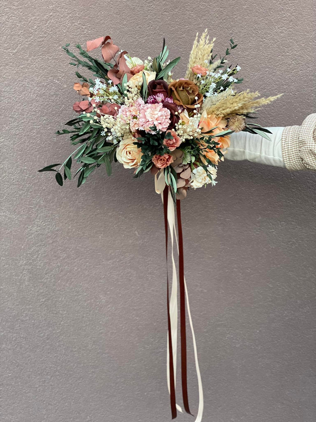 Rustic Boho Wedding Bouquet: Autumn Burgundy, Olive Leaves – handmade floral hair accessory by magaela