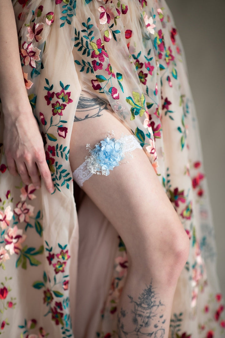 Bridal Garter: Preserved Hydrangea & Gypsophila, Baby Blue Lace – handmade floral hair accessory by magaela