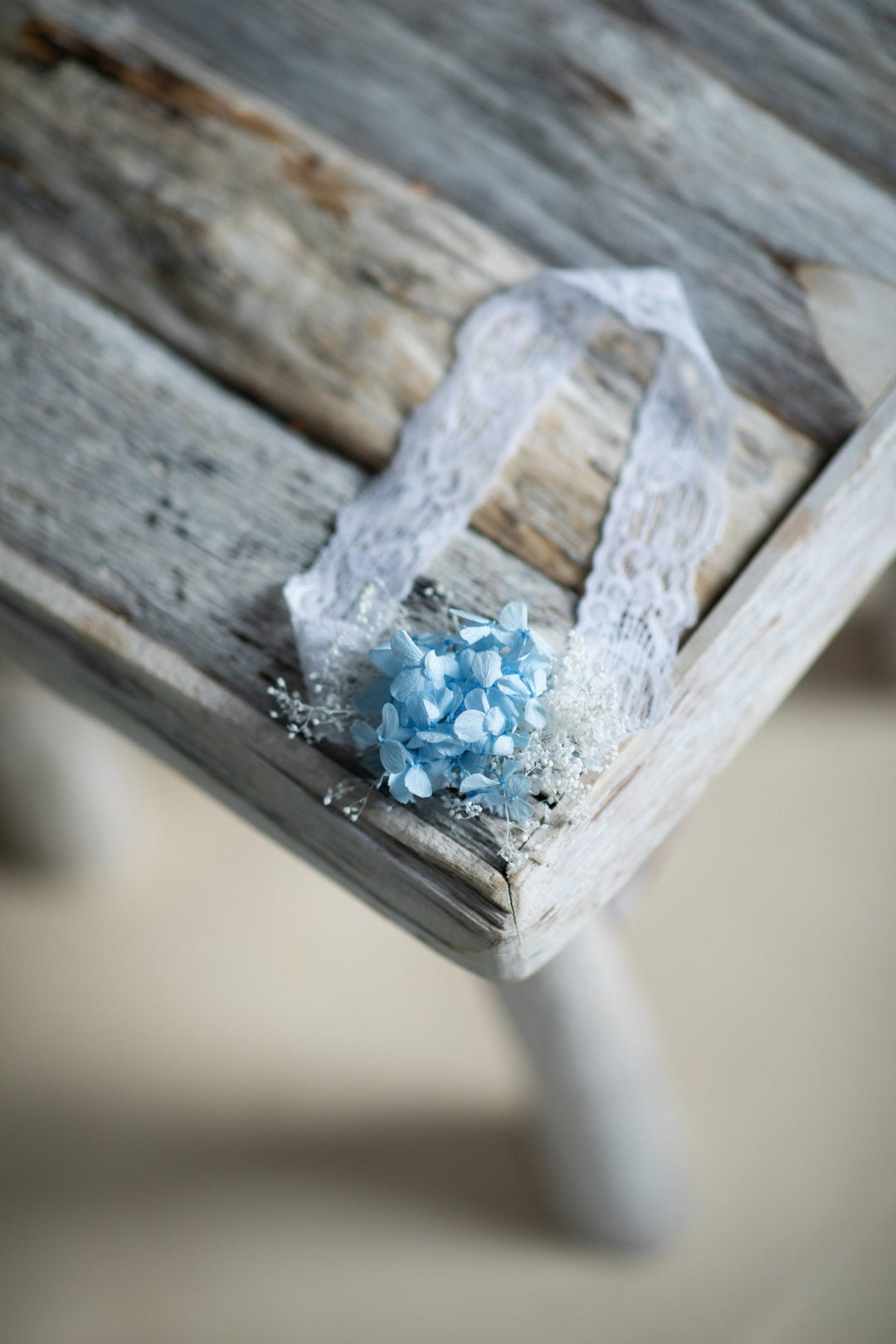 Bridal Garter: Preserved Hydrangea & Gypsophila, Baby Blue Lace – handmade floral hair accessory by magaela