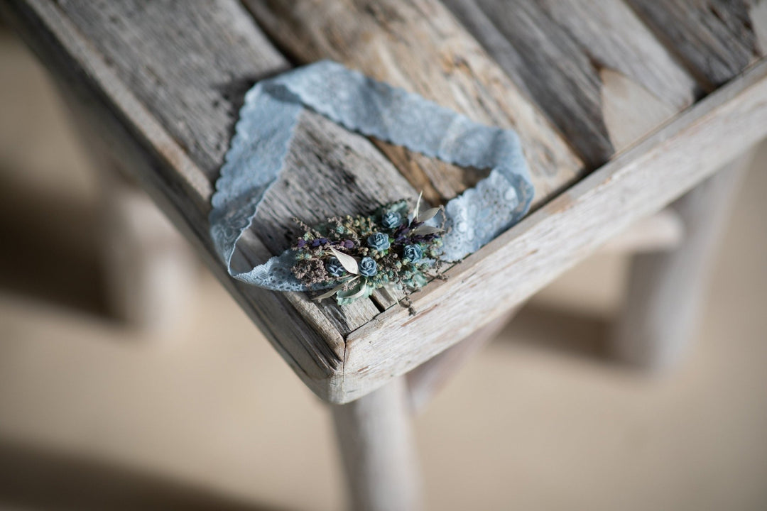 Blue Rose Wedding Garter: Floral Lace Bridal Accessory – handmade floral hair accessory by magaela