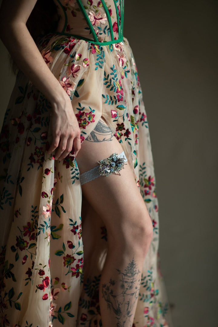 Blue Rose Wedding Garter: Floral Lace Bridal Accessory – handmade floral hair accessory by magaela