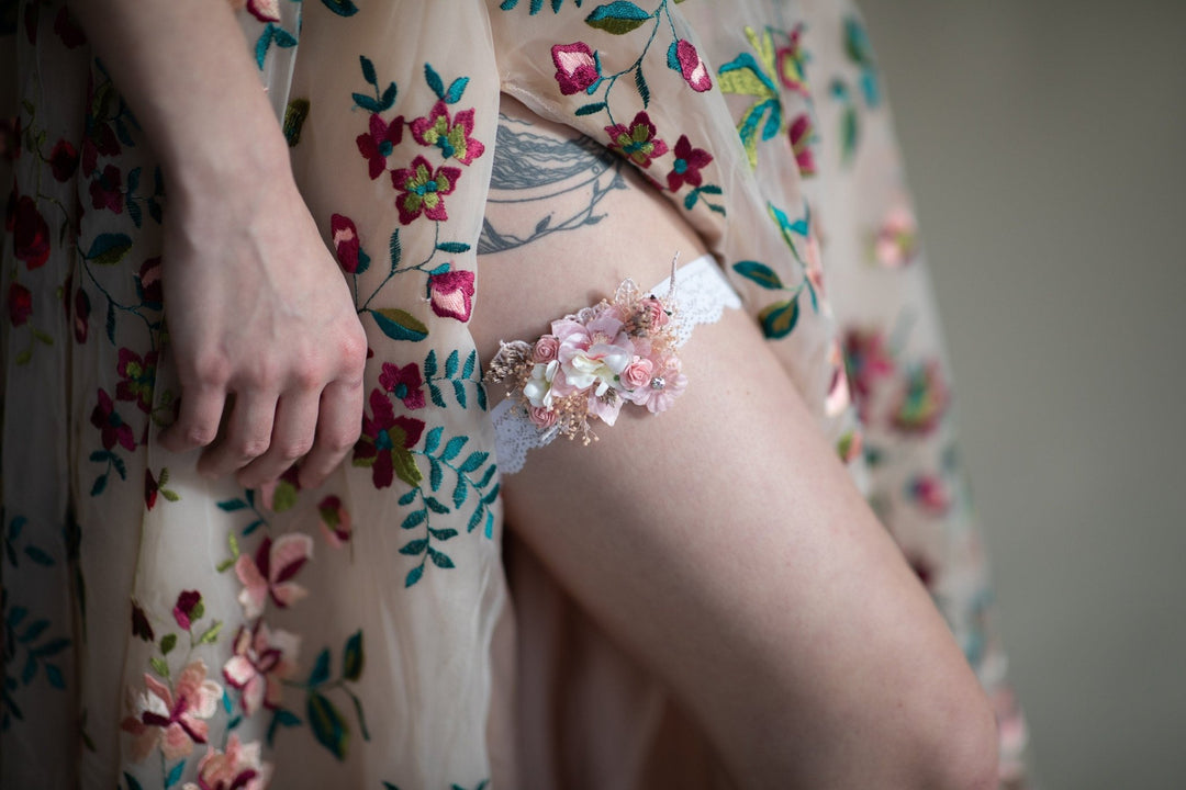 Romantic Pink Flower Bridal Garter: White Lace Wedding Garter – handmade floral hair accessory by magaela