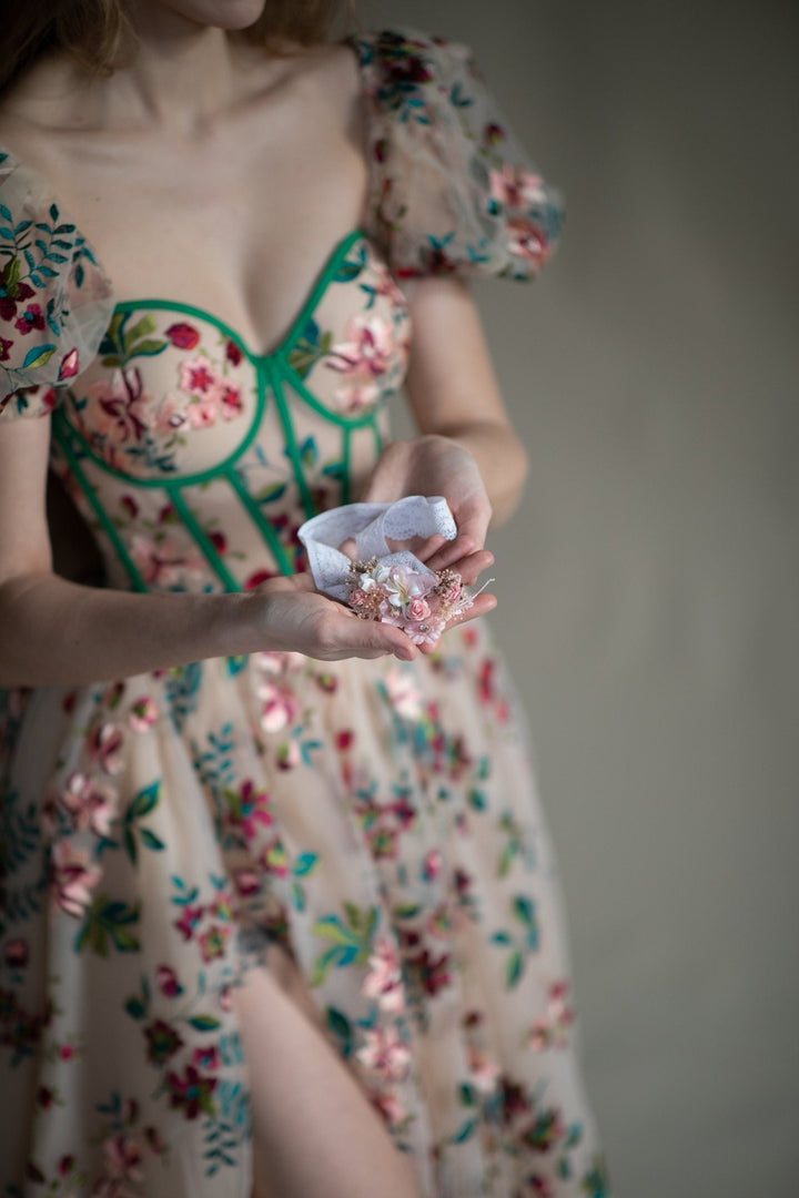 Romantic Pink Flower Bridal Garter: White Lace Wedding Garter – handmade floral hair accessory by magaela