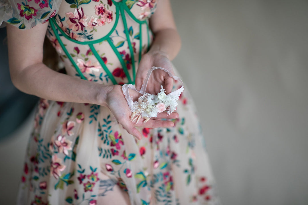 Peach Floral Bridal Garter: Ivory Lace Wedding Toss Garter – handmade floral hair accessory by magaela