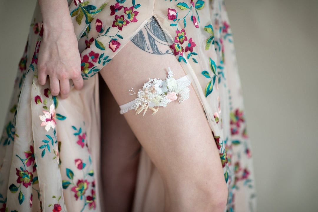 Peach Floral Bridal Garter: Ivory Lace Wedding Toss Garter – handmade floral hair accessory by magaela