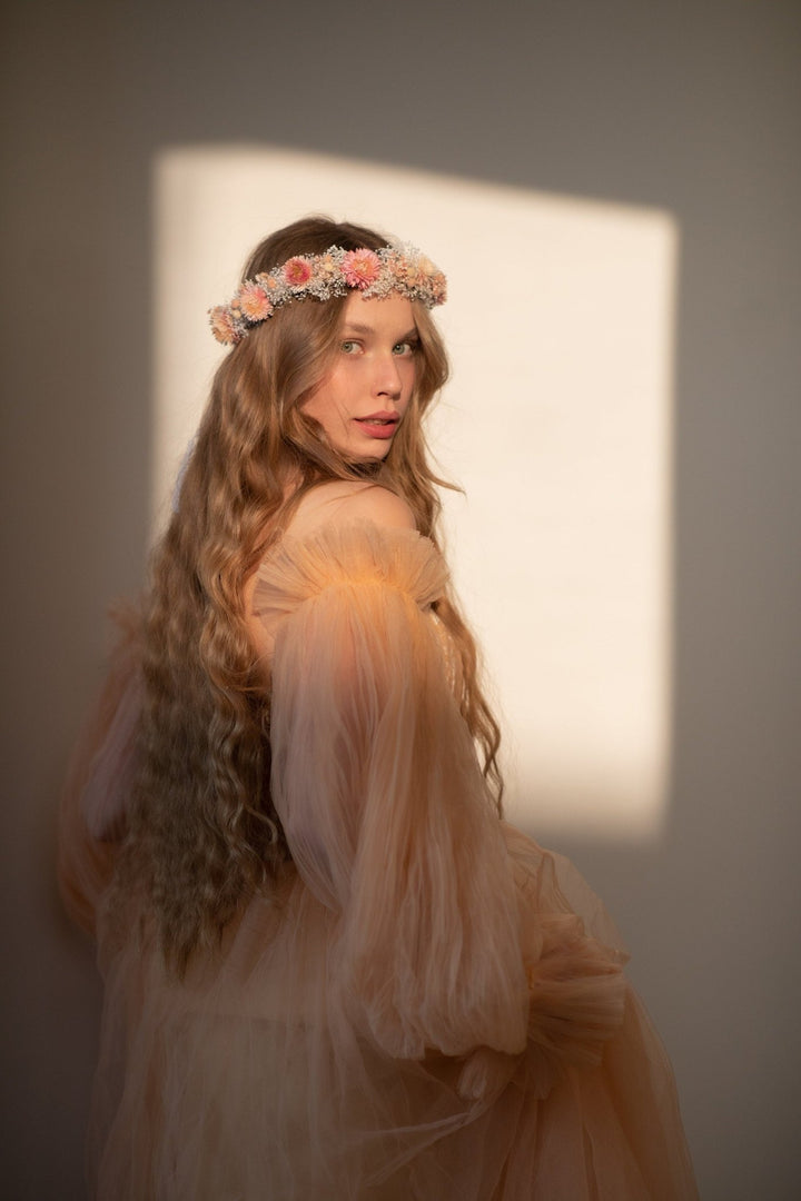 Dried Flower Wedding Crown: Peach Coral Boho Hair Wreath – handmade floral hair accessory by magaela