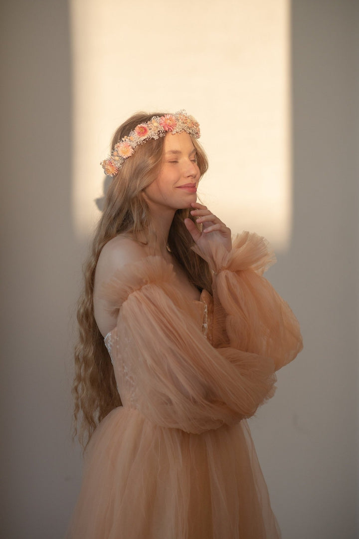 Dried Flower Wedding Crown: Peach Coral Boho Hair Wreath – handmade floral hair accessory by magaela