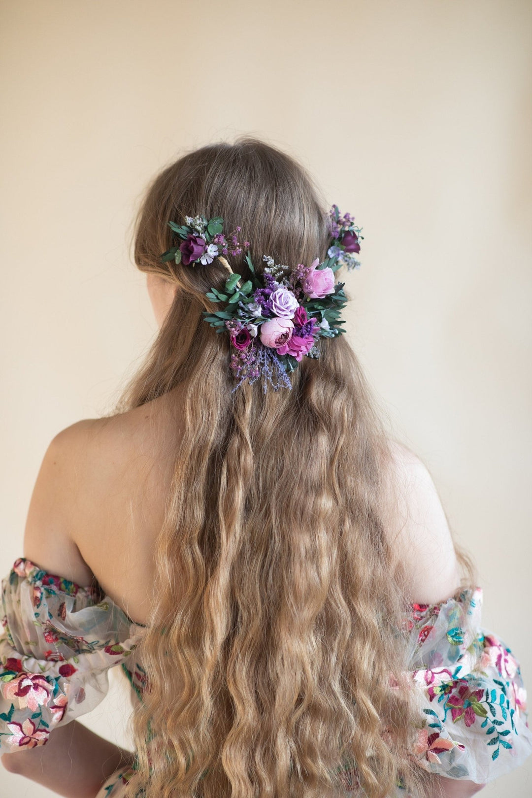 Purple Flower Hair Vine: Bridal Wedding Half Wreath – handmade floral hair accessory by magaela