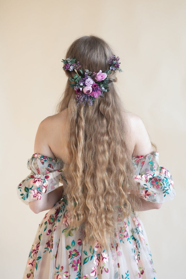 Purple Flower Hair Vine: Bridal Wedding Half Wreath – handmade floral hair accessory by magaela