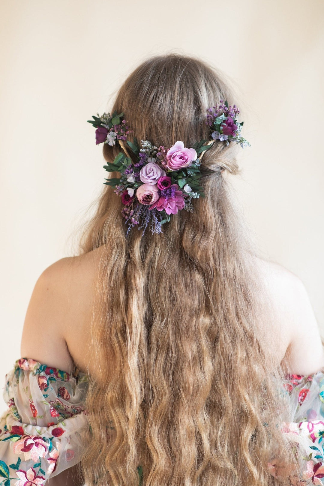 Purple Flower Hair Vine: Bridal Wedding Half Wreath – handmade floral hair accessory by magaela