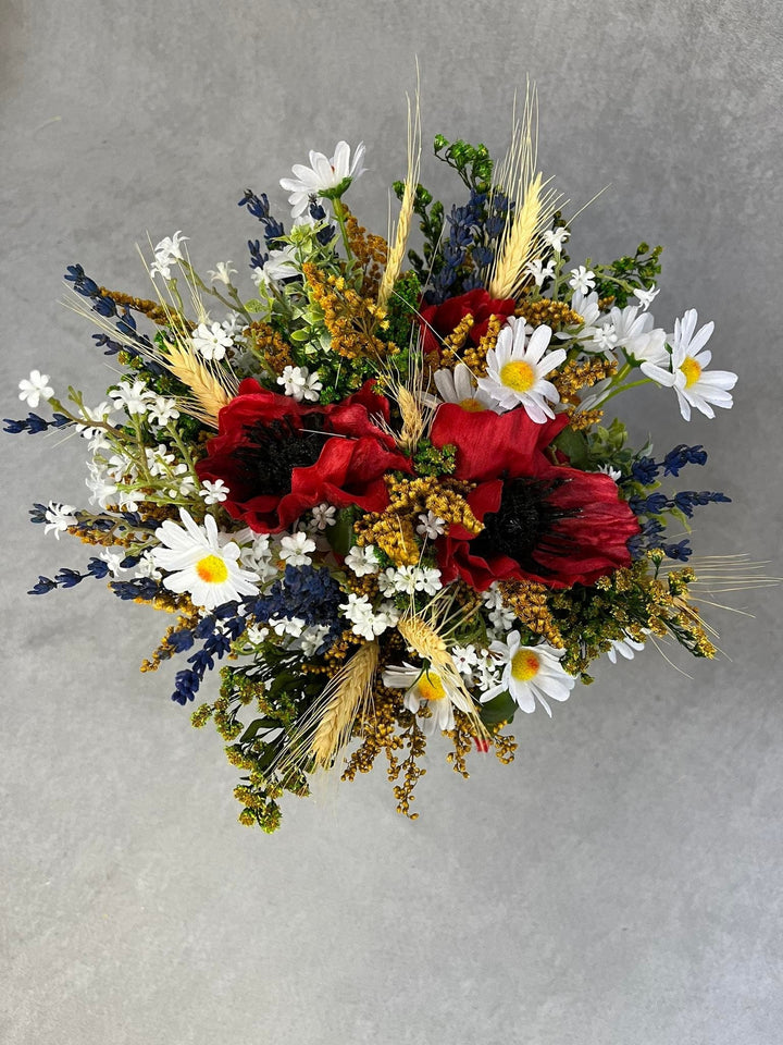 Folk Wedding Bouquet: Poppy, Daisy, Wildflower Bridal Bouquet – handmade floral hair accessory by magaela