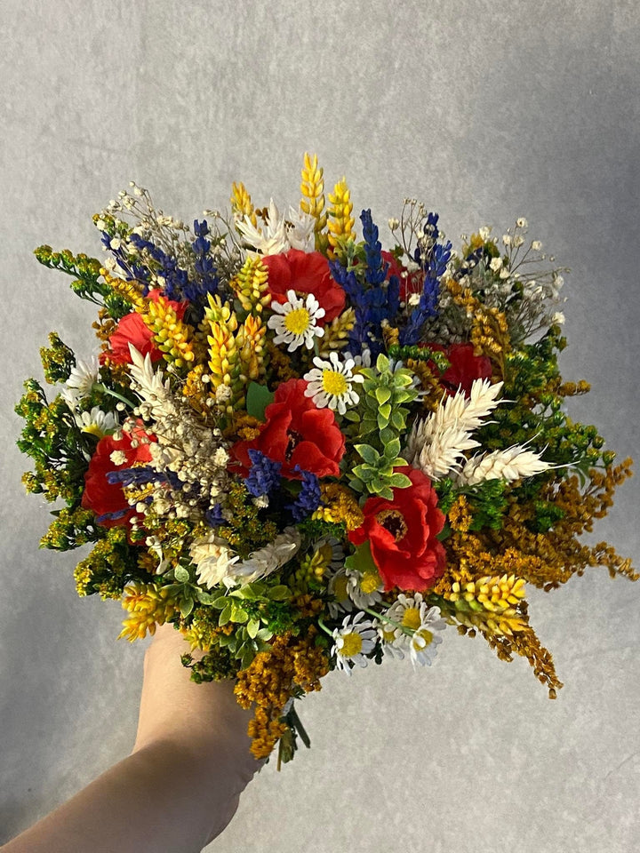 Folk Poppy Wedding Bouquet: Meadow Wildflower Bridal Bouquet – handmade floral hair accessory by magaela