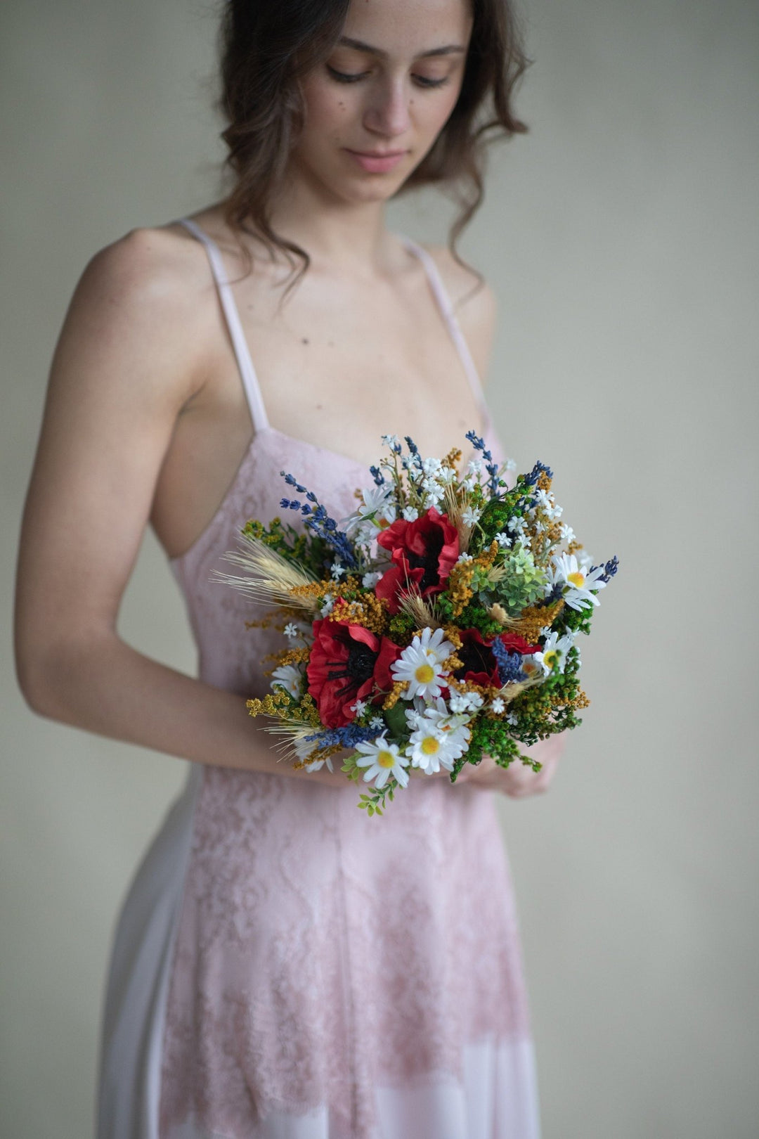 Folk Wedding Bouquet: Poppy, Daisy, Wildflower Bridal Bouquet – handmade floral hair accessory by magaela