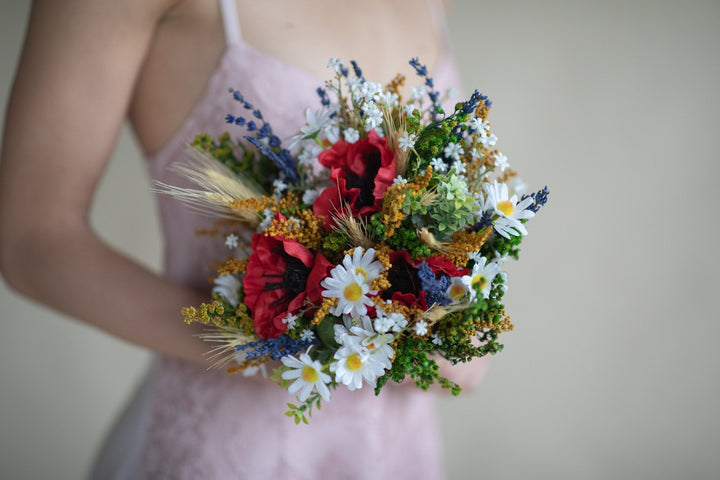 Folk Wedding Bouquet: Poppy, Daisy, Wildflower Bridal Bouquet – handmade floral hair accessory by magaela