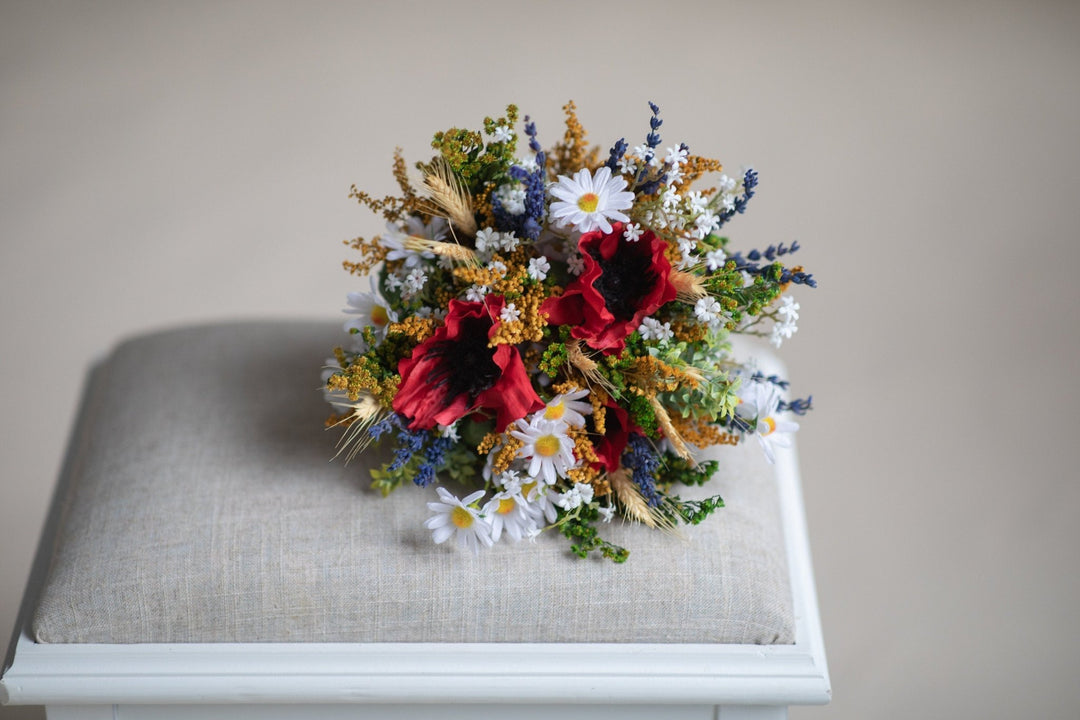 Folk Wedding Bouquet: Poppy, Daisy, Wildflower Bridal Bouquet – handmade floral hair accessory by magaela