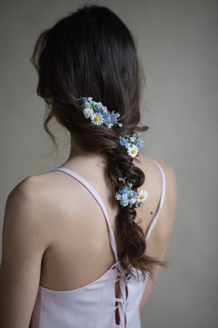 Daisy Hair Comb & Pins: Pastel Blue Meadow Wedding Accessories – handmade floral hair accessory by magaela