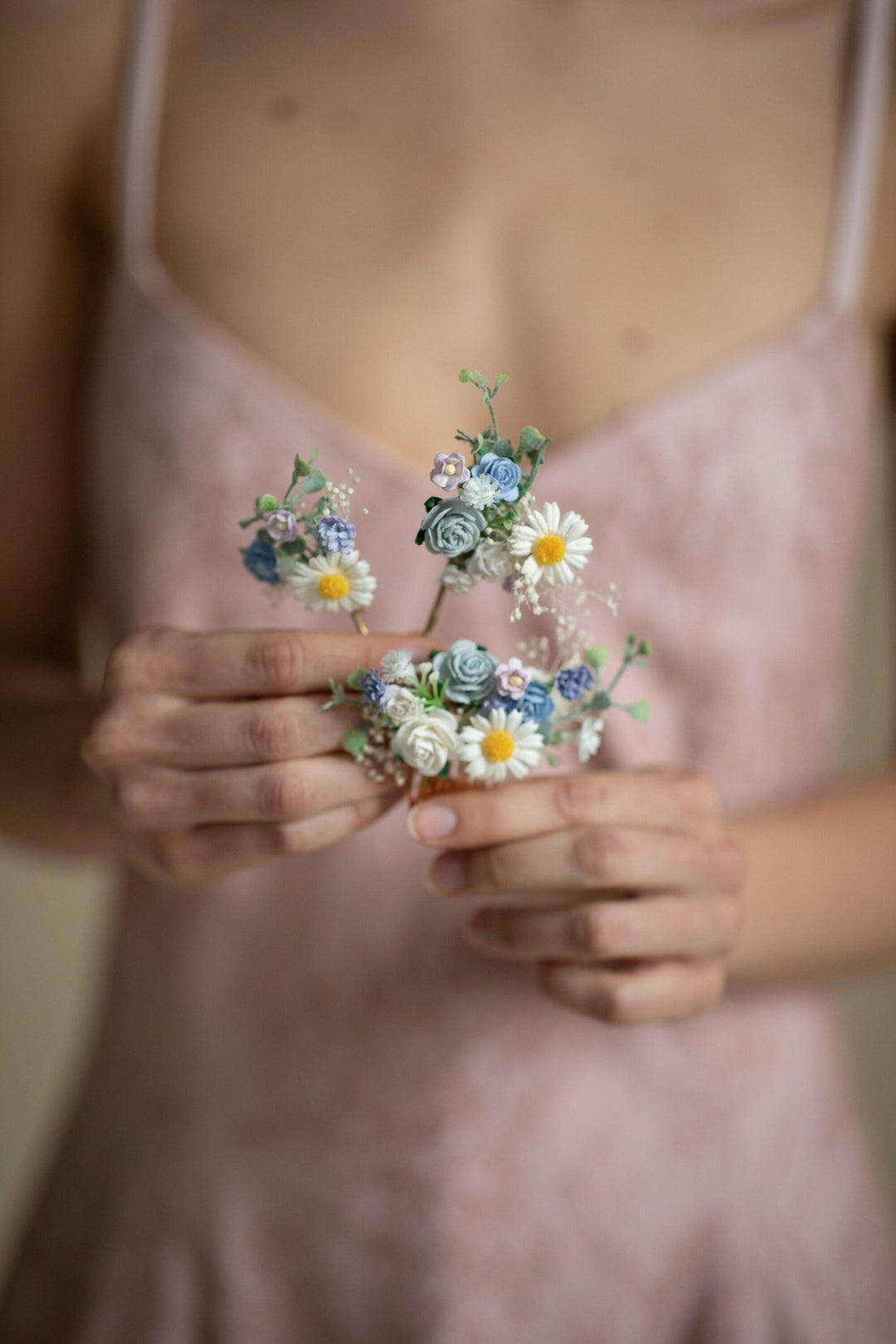 Daisy Hair Comb & Pins: Pastel Blue Meadow Wedding Accessories – handmade floral hair accessory by magaela