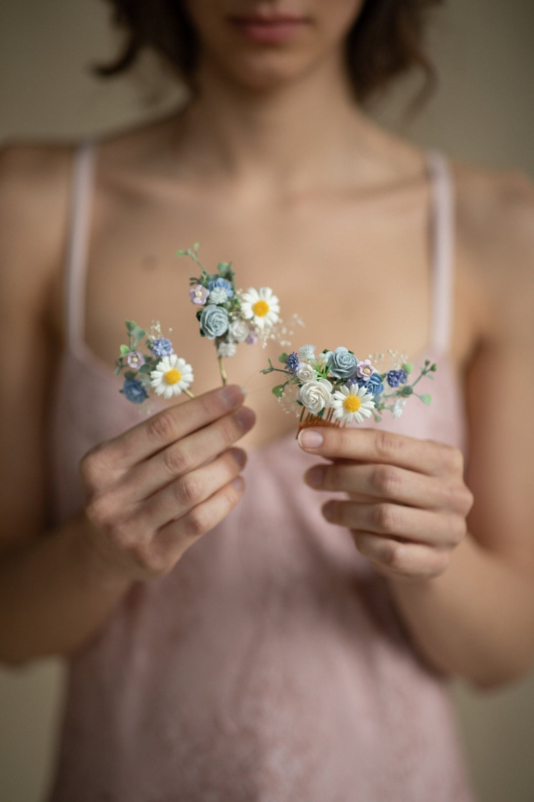 Daisy Hair Comb & Pins: Pastel Blue Meadow Wedding Accessories – handmade floral hair accessory by magaela
