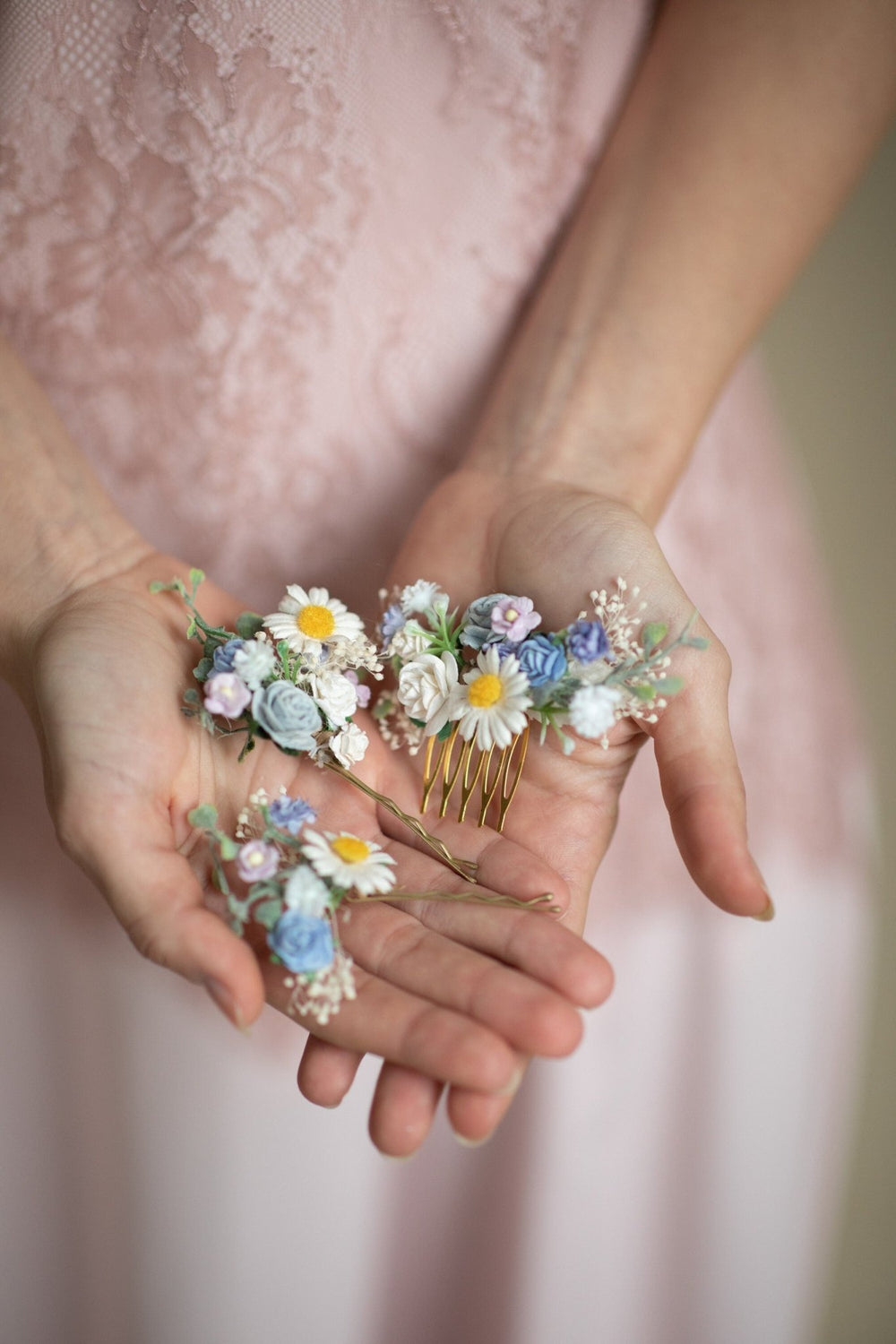 Daisy Hair Comb & Pins: Pastel Blue Meadow Wedding Accessories – handmade floral hair accessory by magaela