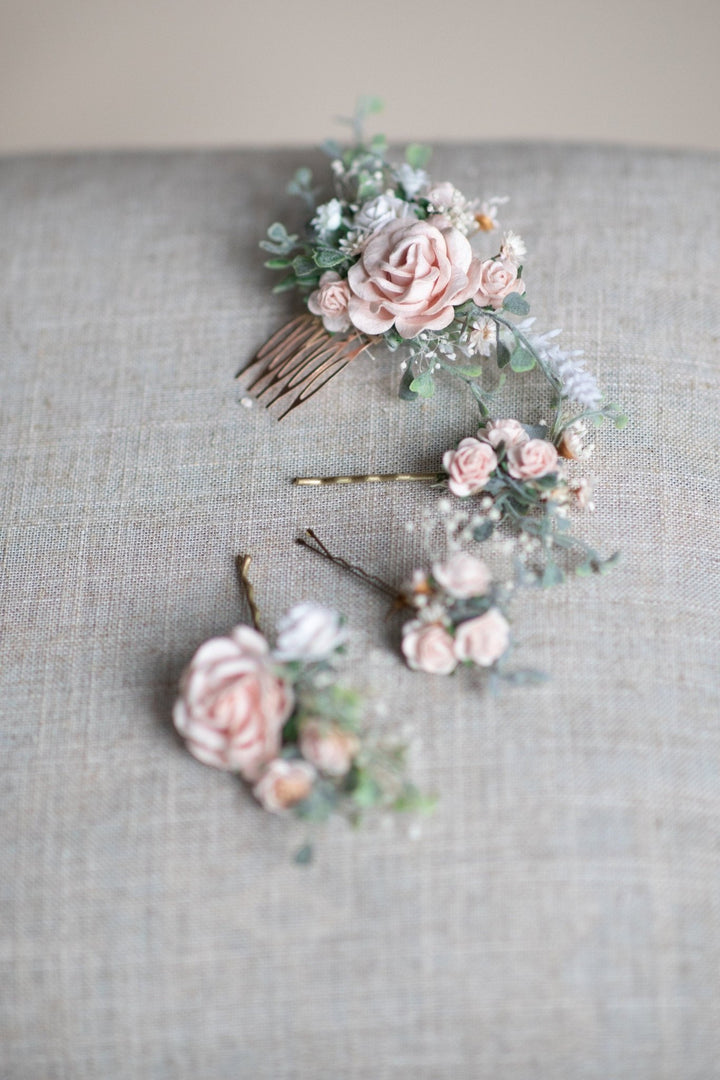 Blush Rose Wedding Hair Comb & Pins: Romantic Bridal Hairstyle – handmade floral hair accessory by magaela